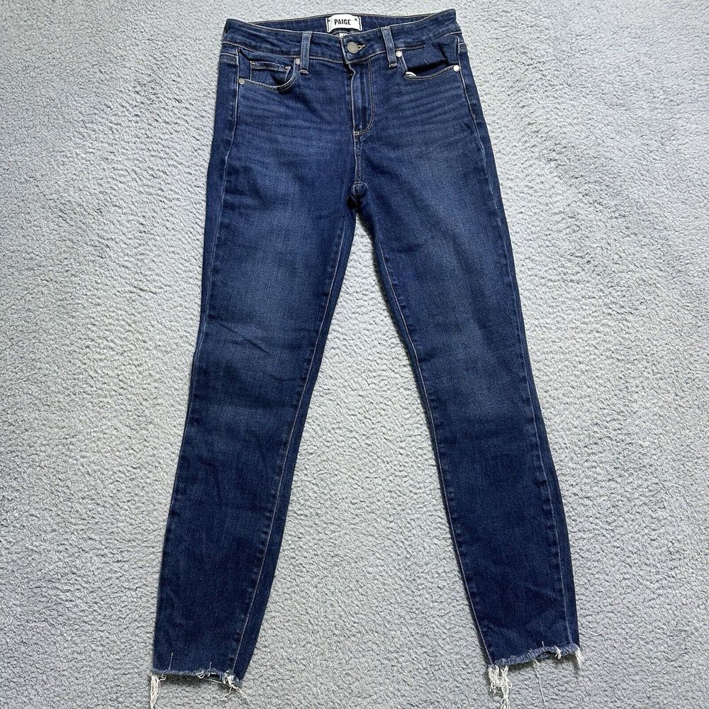 Paige Women's Verdugo Ankle Raw Hem Distressed Skinny Jeans Size 27 Dark Wash